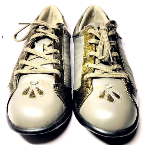 WOMEN'S SANDBAGGERS GOLF SHOES SIZE USA 9.5 DEB ALMOND GRAY & GOLD - Picture 1 of 6